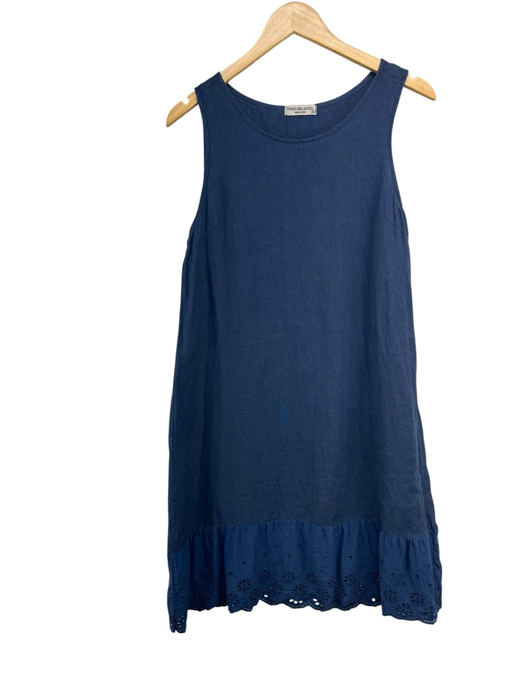 Terzo Millennio Navy Blue Sleeveless Linen Dress with Cotton Eyelet Ruffle Trim